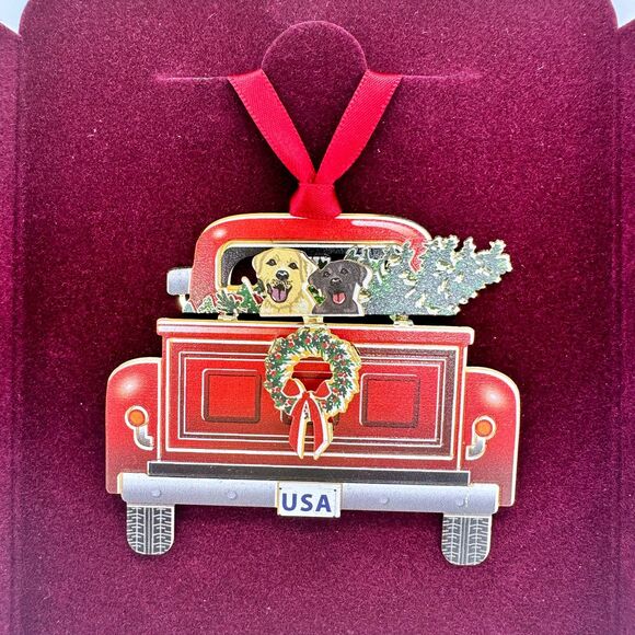 Beacon Design Holiday Pickup Dog Red Truck Tree USA Brass Christmas Ornament - Picture 4 of 7